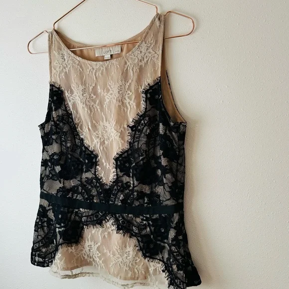 Ann Taylor LOFT Blouse Nude Eyelash Lace Ribbon Tie Peplum Tank Top - Picture 7 of 9